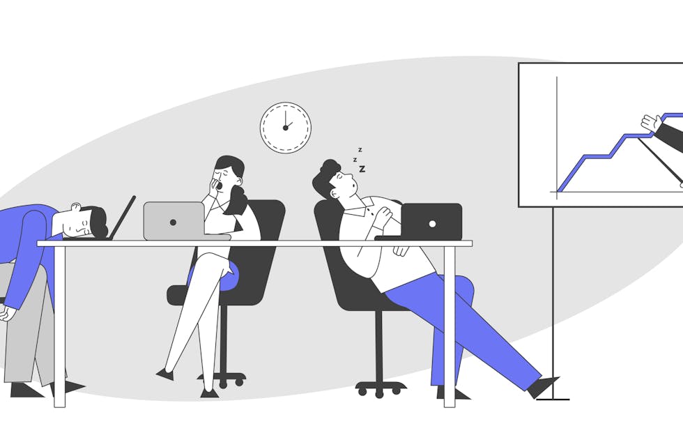 Businesspeople Boring at Meeting or Presentation. Businessman Explain Company Strategy or Data Analysis Stand at Whiteboard, Boring Employees Sleeping at Desk Cartoon Flat Vector Illustration Line Art