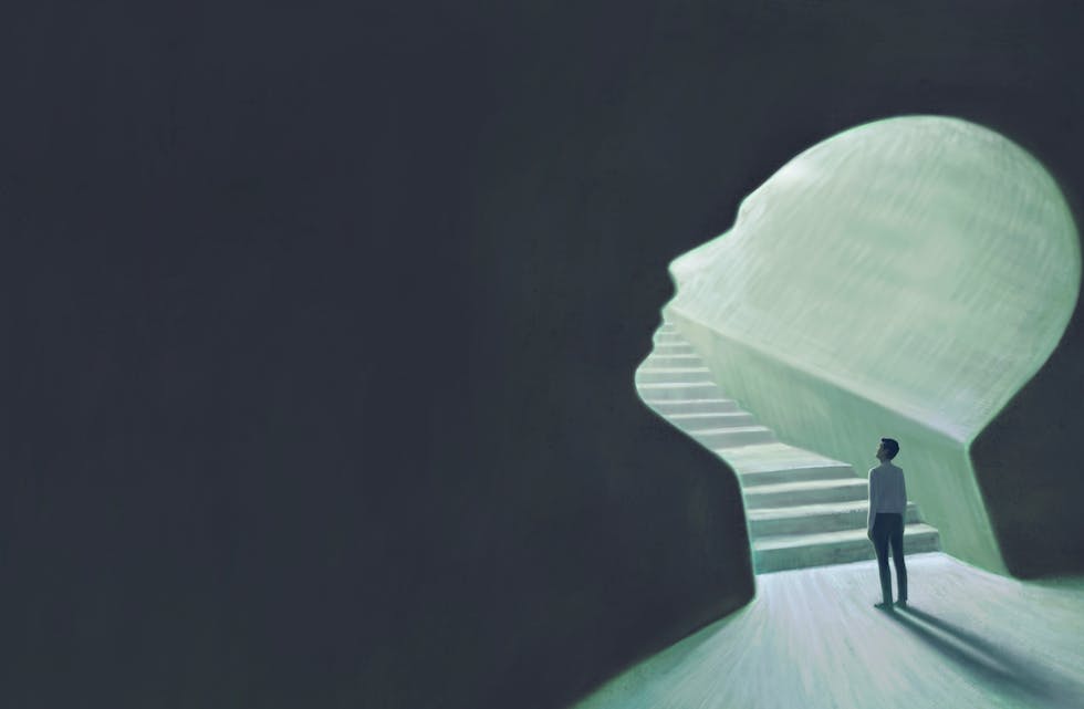 Success hope ambition and dream concept. Surreal artwork. Businessman with a stair in a gate, business background illustration. painting