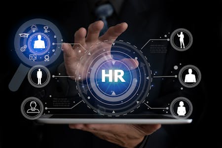 HRM or Human Resource Management, focus to manager icon which is among staff icons for human development recruitment leadership and customer target. resume, interview. Plan, Do, check, Action, testing
